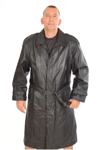 Trenci clasic negru din piele naturală